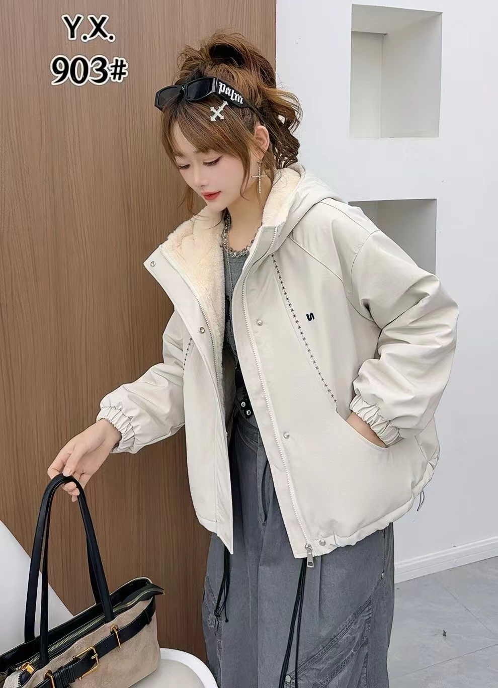 903#短款长袖保暖连帽套帽衣棉服休闲抽绳加厚短外套