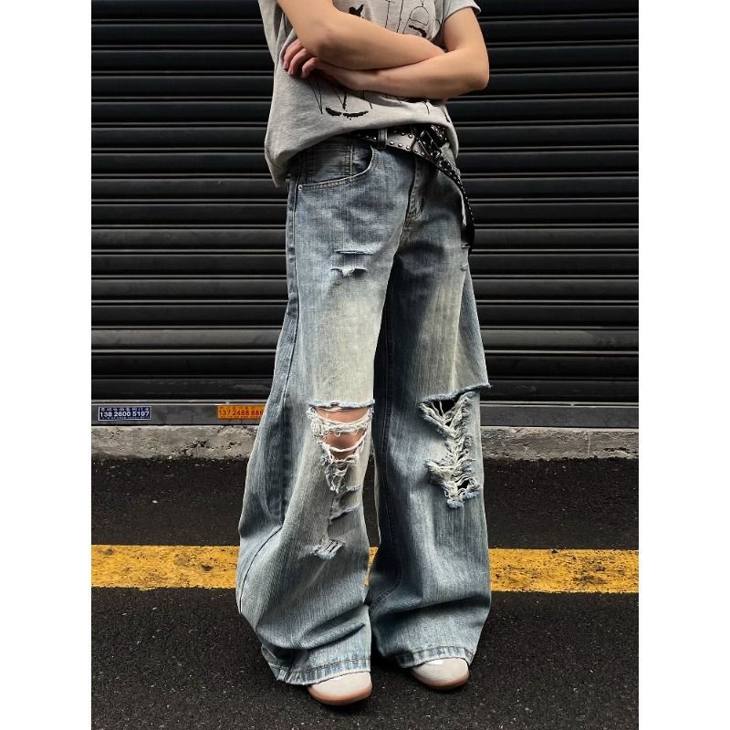 美式破洞设计感牛仔裤男女宽松阔腿阔休闲拖地透气街头嘻哈长裤潮