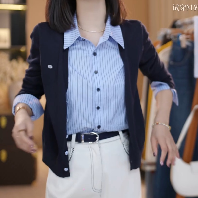 秋季新款OL风条纹衬衣拼毛织假两件设计款长袖上衣LK2506450