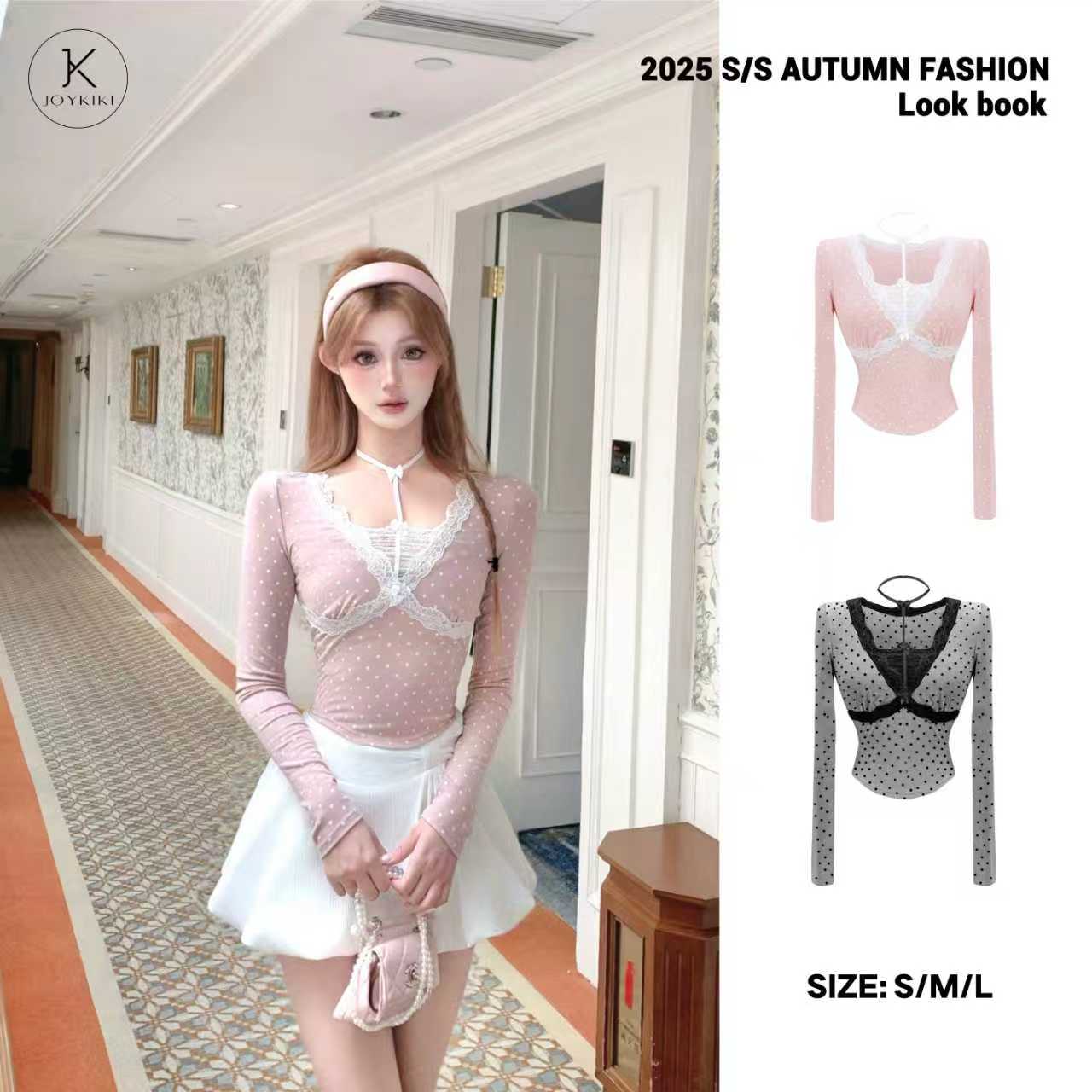 JOY KIKI金金【奶油甜心】春季纯欲少女蕾丝撞色挂脖上衣J25A061