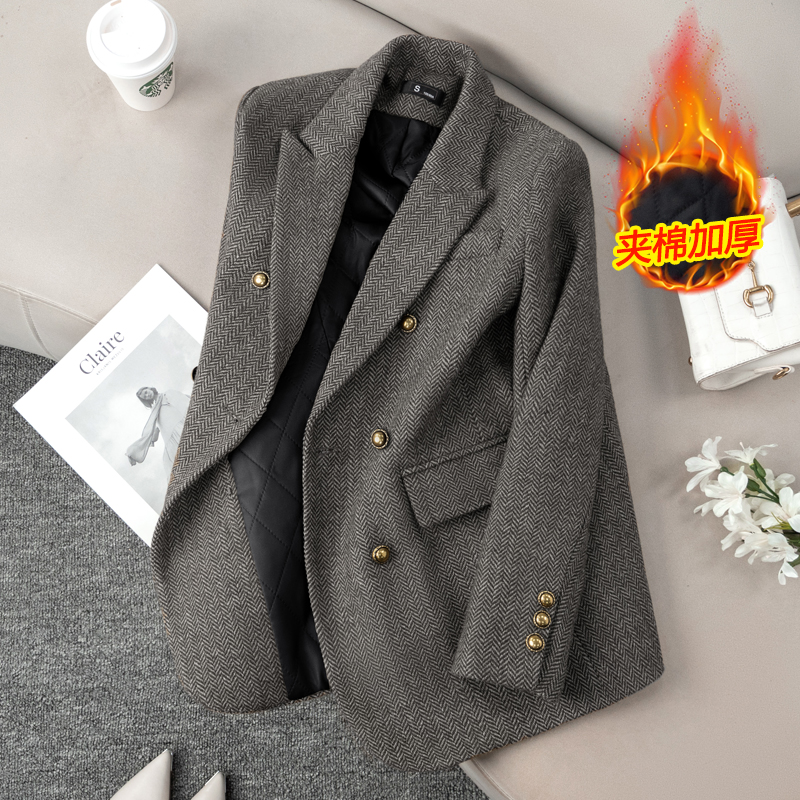 灰色羊毛呢西装外套女高级感秋冬2025新款小个子冬季加厚夹棉西服