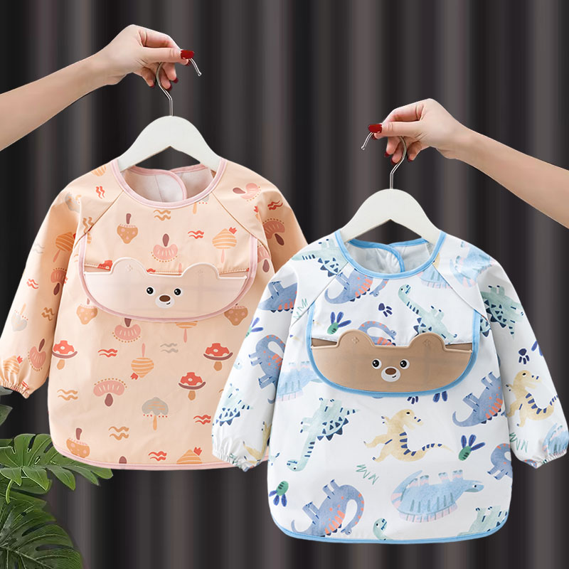 宝宝罩衣长袖秋冬防水防脏吃饭围兜儿童围裙PU免洗带饭兜洋气外穿