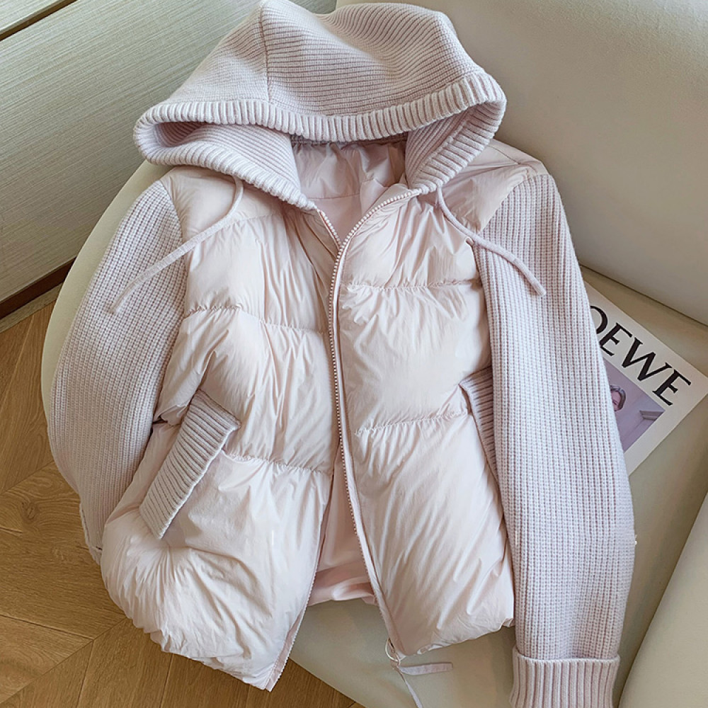 2025年冬季粉色拼接针织连帽棉服高级感洋气宽松加厚外套女装棉衣