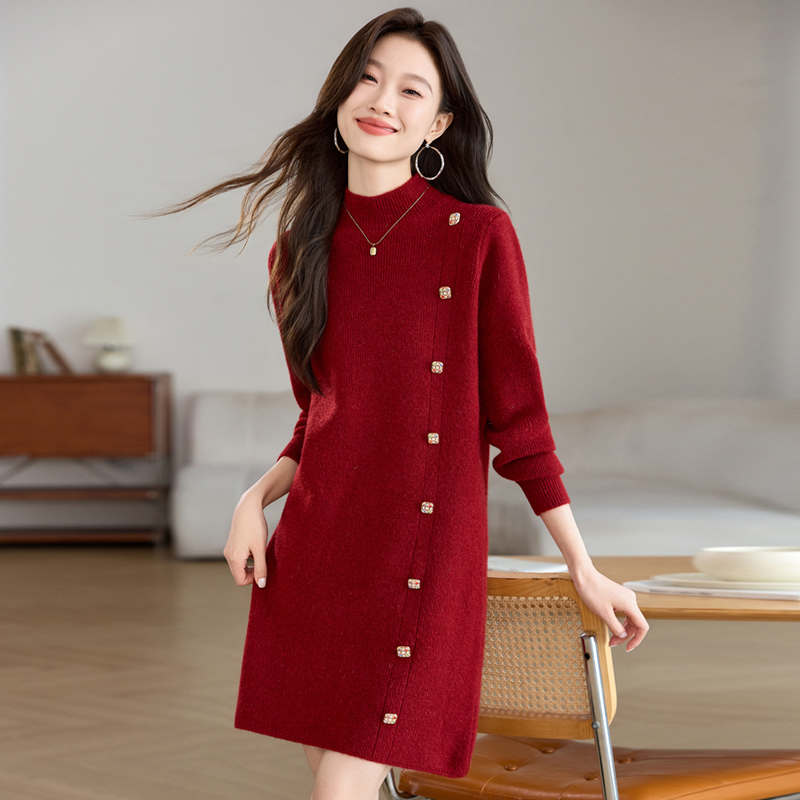 配大衣加厚毛衣女秋冬2025新款中长款打底衫内搭遮屁股针织连衣裙