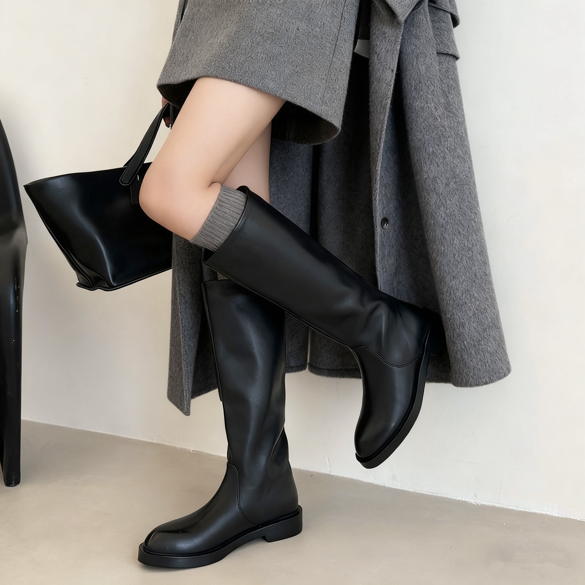 SHIBONI·【3cm】34-41头层牛皮/猪皮/猪皮新款平底时尚秋冬百搭长靴