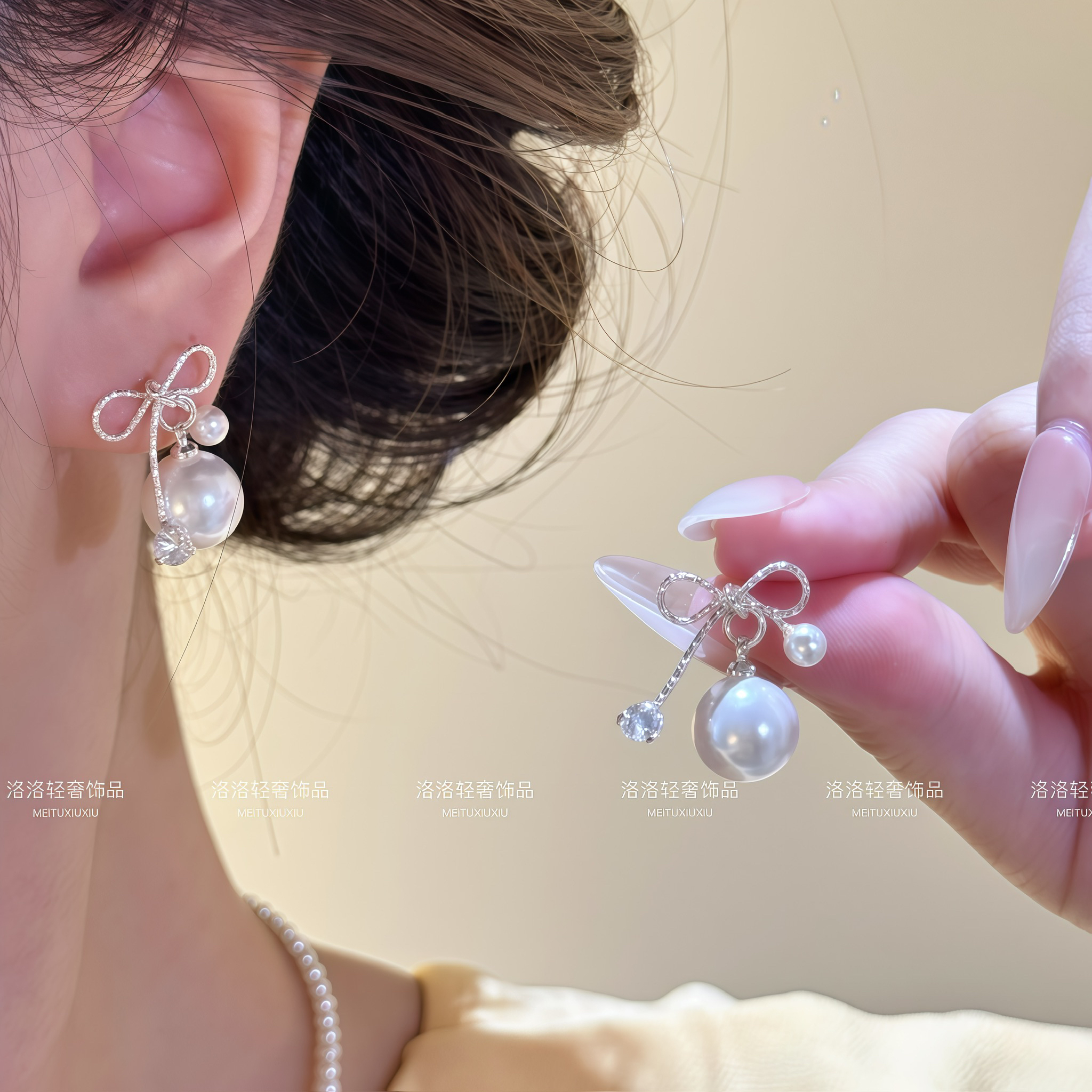 铜合金仿珍珠耳饰 气质【法式白月光耳环】蝴蝶结时尚精致款耳环ins