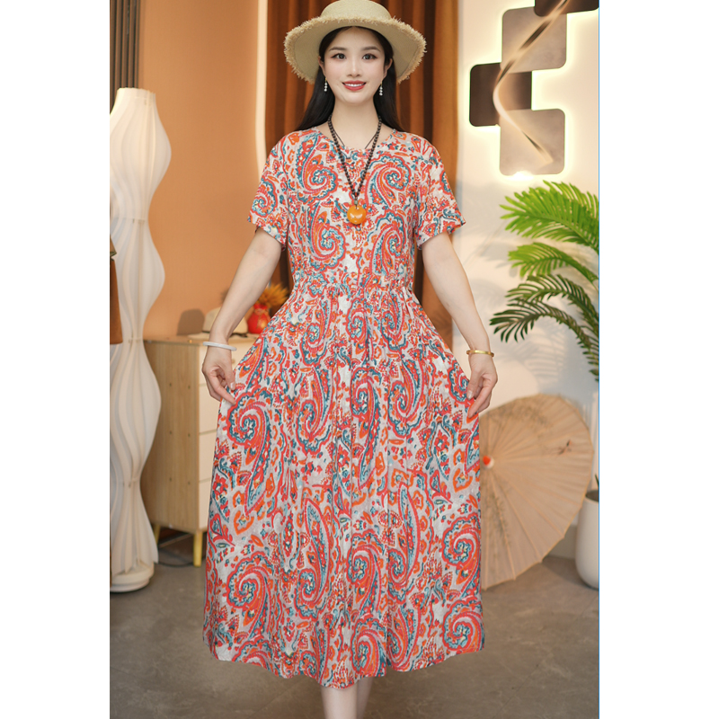 红腰果妈妈装中长款棉绸裙子夏季新款短袖系带大码连衣裙