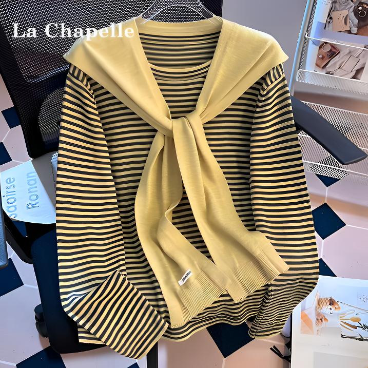 拉夏贝尔披肩条纹针织衫毛衣女装2025秋冬新款宽松软糯打底衫上衣