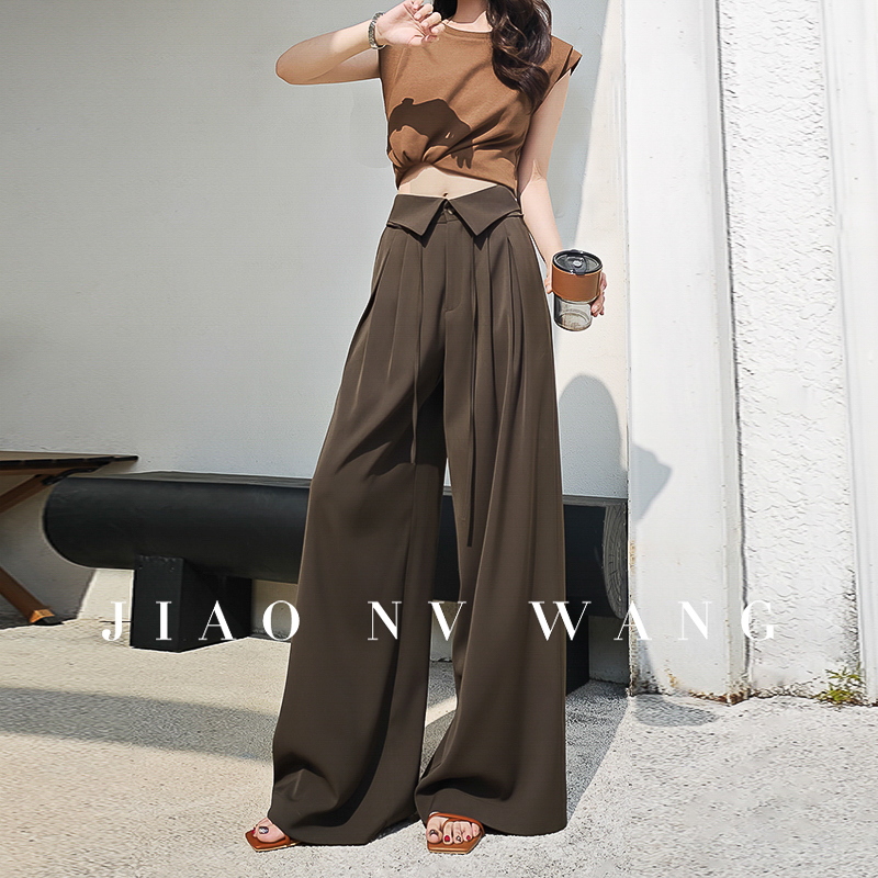 拖地裤子廓形阔腿裤女秋季中高腰垂感翻腰头裤设计感棕色通勤长裤