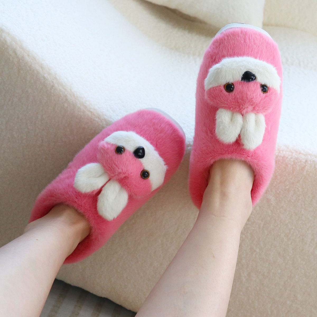 【成品纯手工仿水貂绒拖鞋】秋冬居家保暖烤火底男女卡通可爱兔棉拖