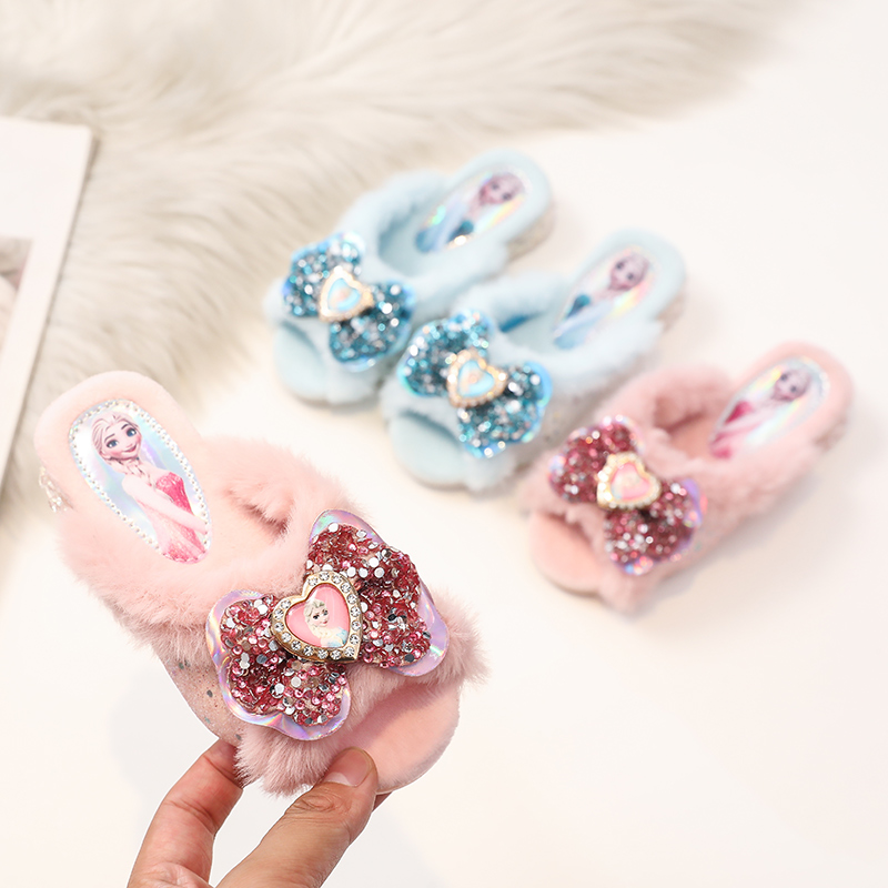 爱莎公主风毛毛儿童棉拖鞋女童冬季一字拖软底女童拖鞋加绒儿童鞋