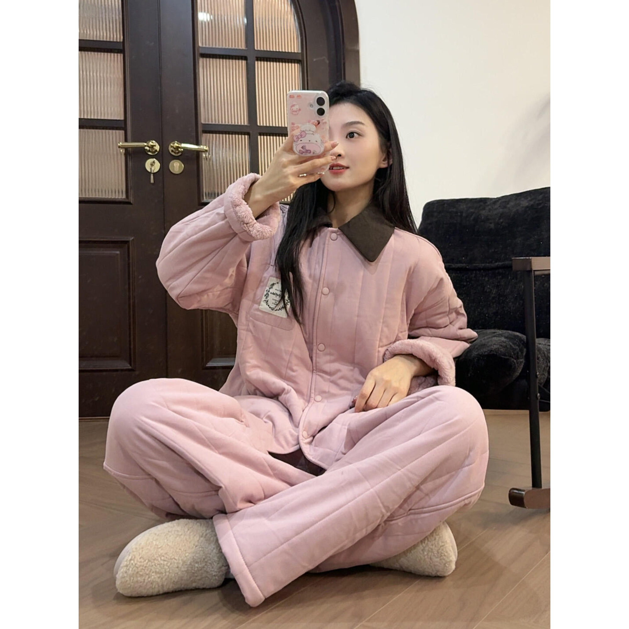 韩版简约夹棉睡衣女冬季2025新款加厚保暖棉服外套休闲家居服套装