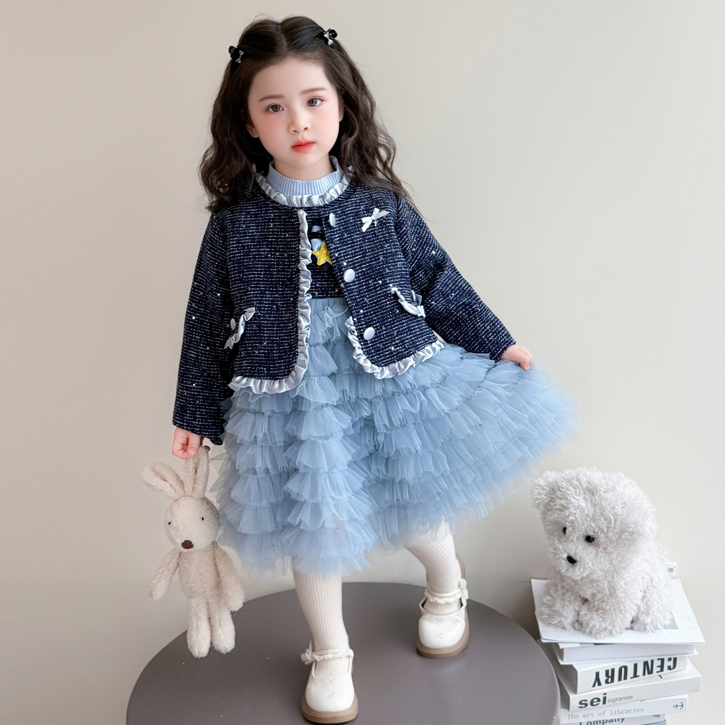 女童小香风连衣裙套装冬季2025新款洋气女宝宝加绒保暖冬装两件套