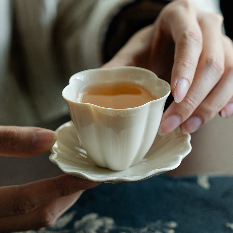 德白草木灰小茶杯带杯垫防烫杯托功夫茶具家用品茗杯单杯陶瓷茶盏