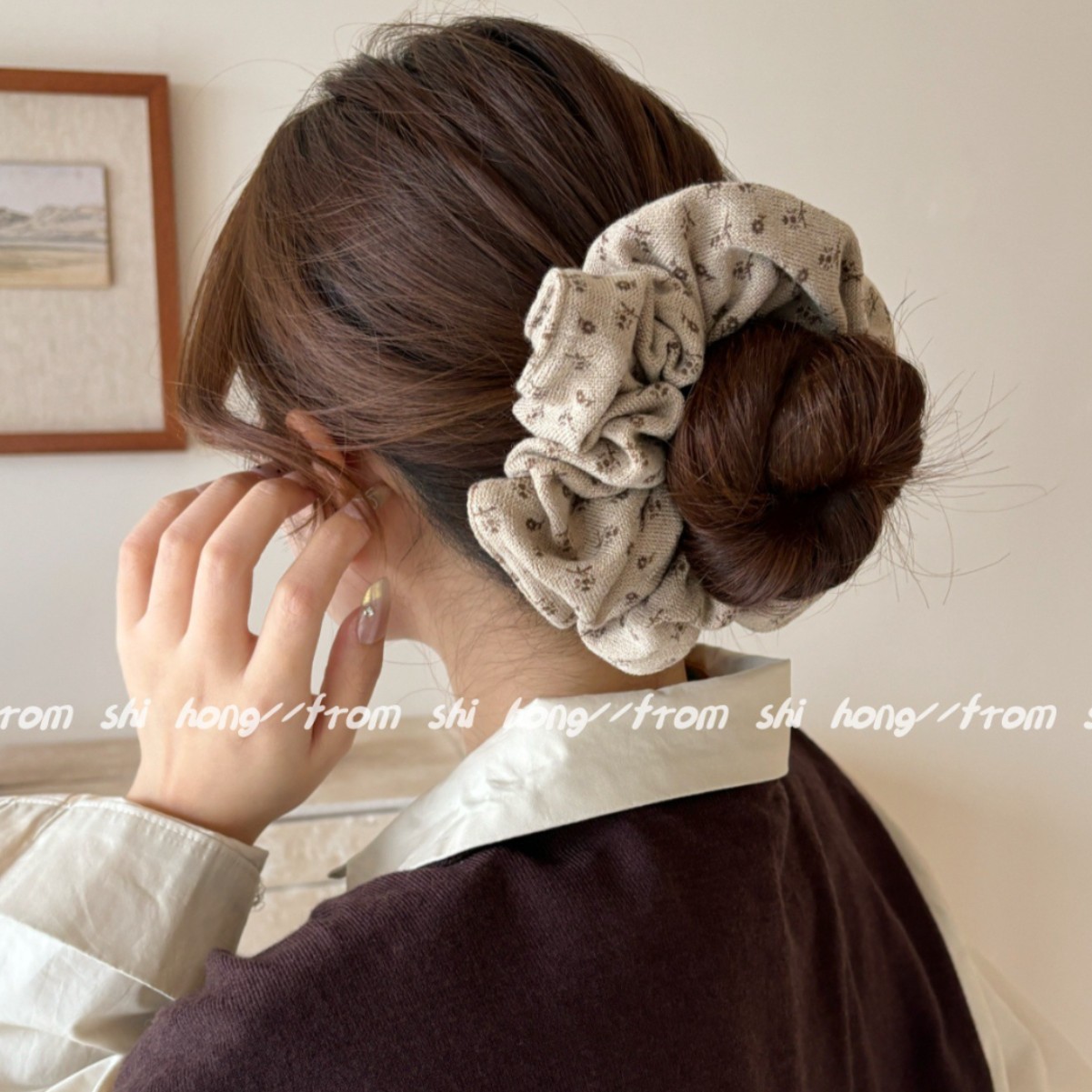 洋气百搭~韩系复古小碎花针织大肠发圈秋冬氛围大号马尾头绳头饰