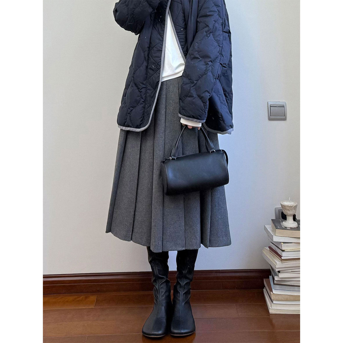 大码复古灰色毛呢高腰显瘦遮肚子半身裙女冬季梨形身材中长百褶裙