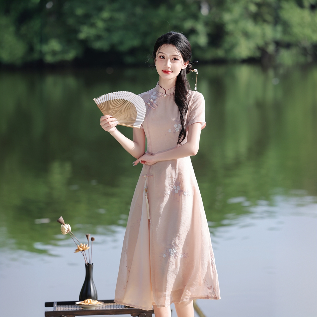 [云中漫步]新中式奥黛旗袍复古优雅显瘦遮肚子年轻小个子国风旗袍