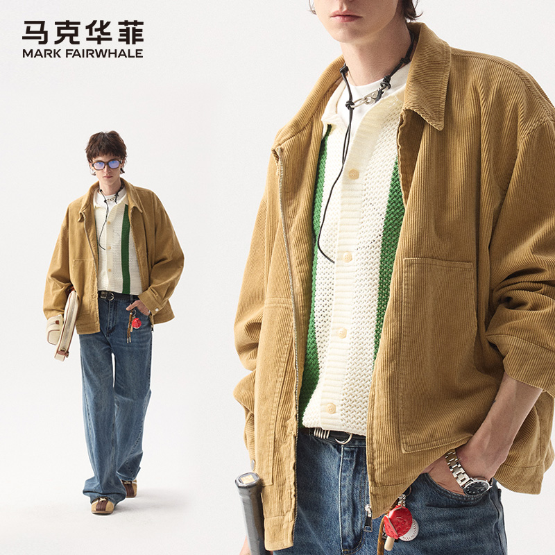 马克华菲日系复古宽松翻领卡其色灯芯绒夹克男士秋冬百搭休闲外套