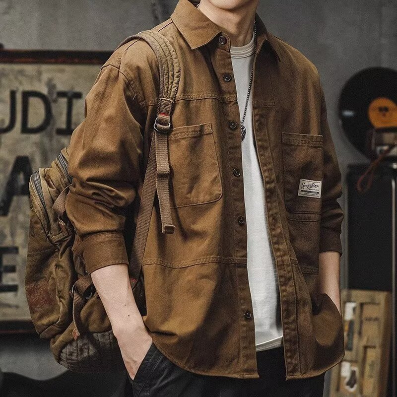美式工装衬衫式外套男2025秋新款宽松潮流风日系复古休闲长袖衬衣