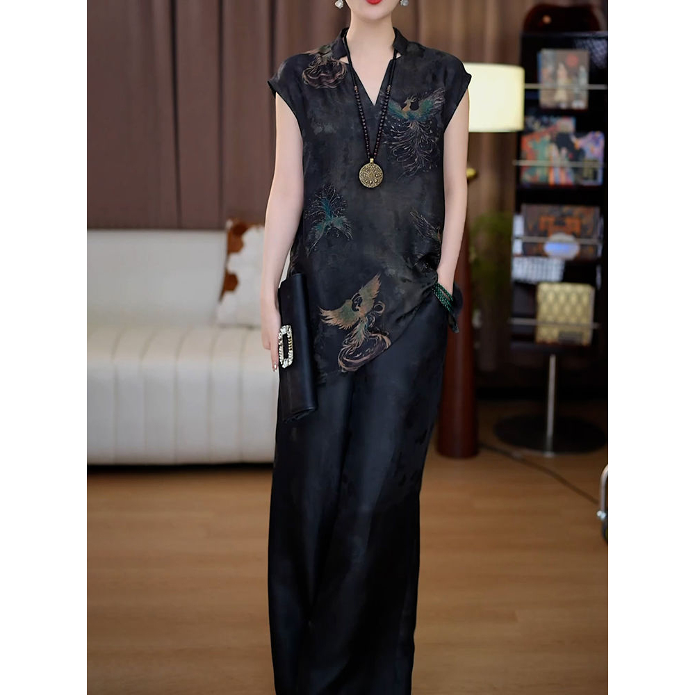 复古国风套装2025夏季新款时尚妈妈气质减龄显瘦上衣+长裤两件套