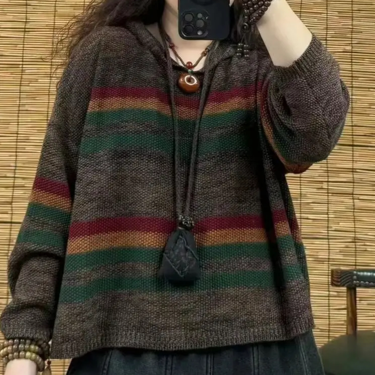 炒色连帽彩条针织衫宽松休闲百搭条纹撞色复古时尚上衣