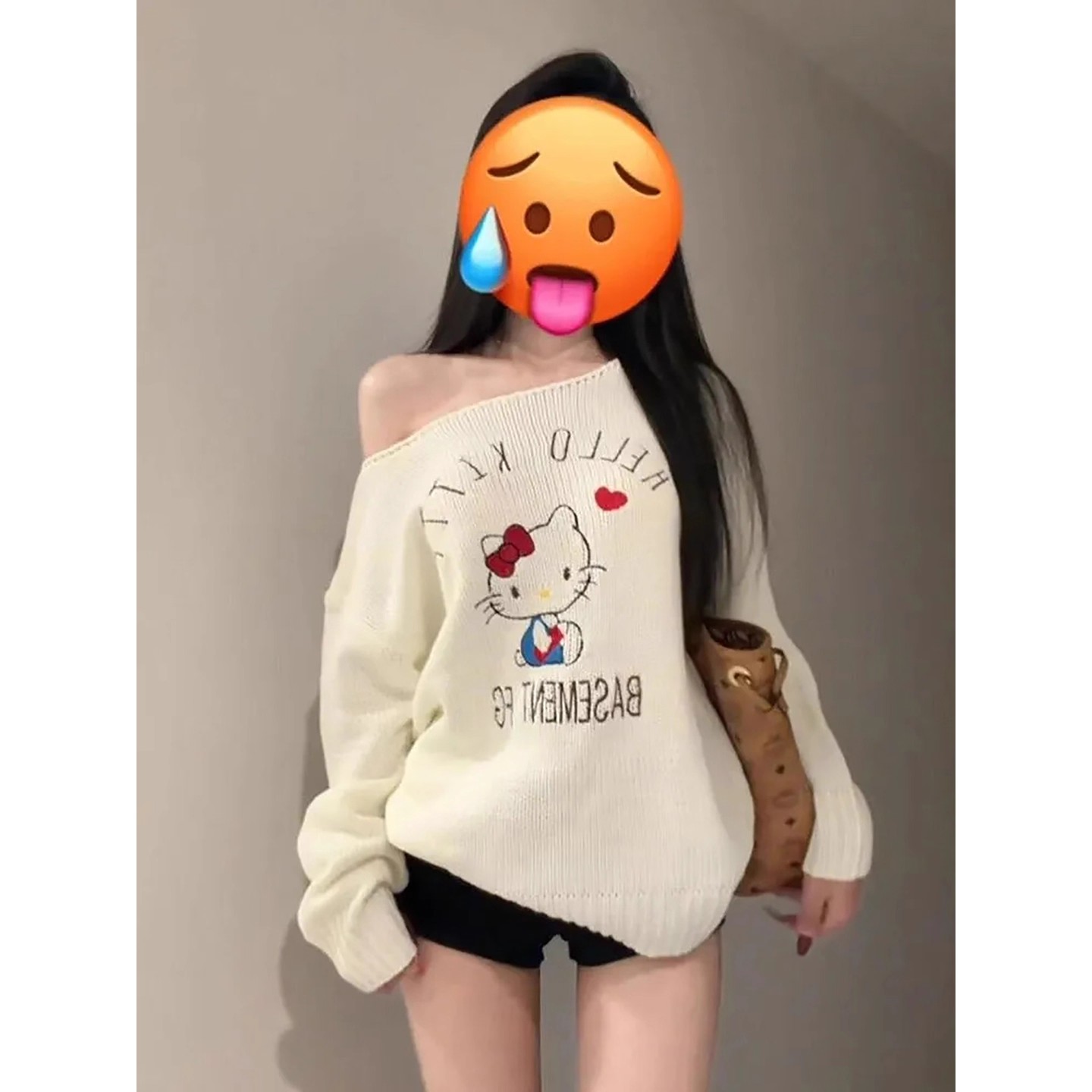 章若楠同款针织衫女2025冬季新款kitty猫小众刺绣ins斜肩御姐毛衣