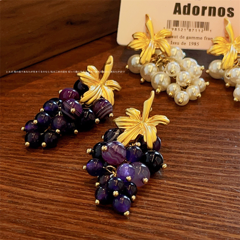 中古风时尚葡萄串长耳环小众款甜酷风气质复古珍珠耳环耳饰品彩色