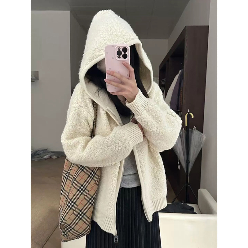 Moses Queen/魔西女王羊羔毛连帽针织开衫毛衣外套女秋双拉链上衣