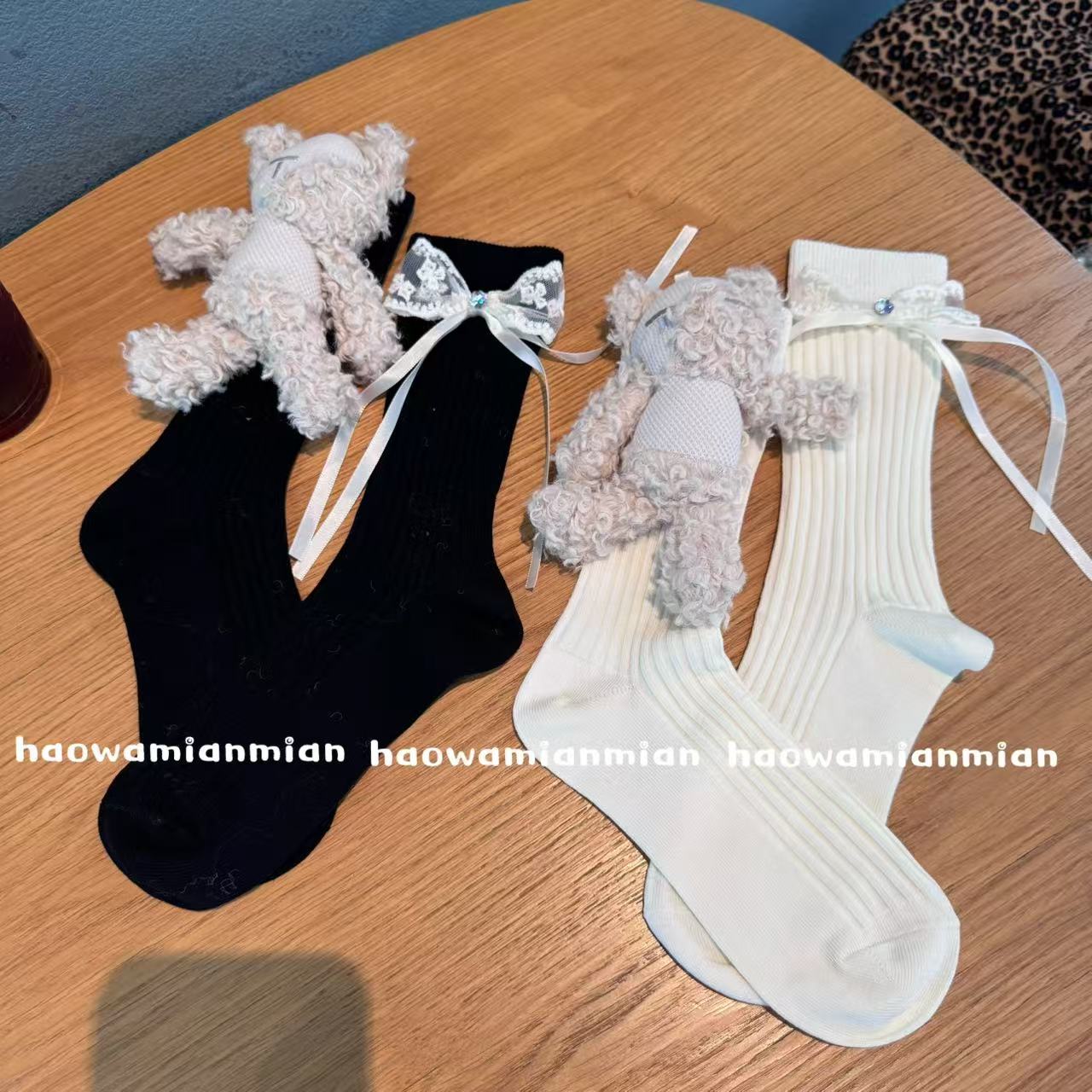 重工个性可爱玩偶女袜外穿AB版立体新款中筒堆堆袜小熊饰品袜子女