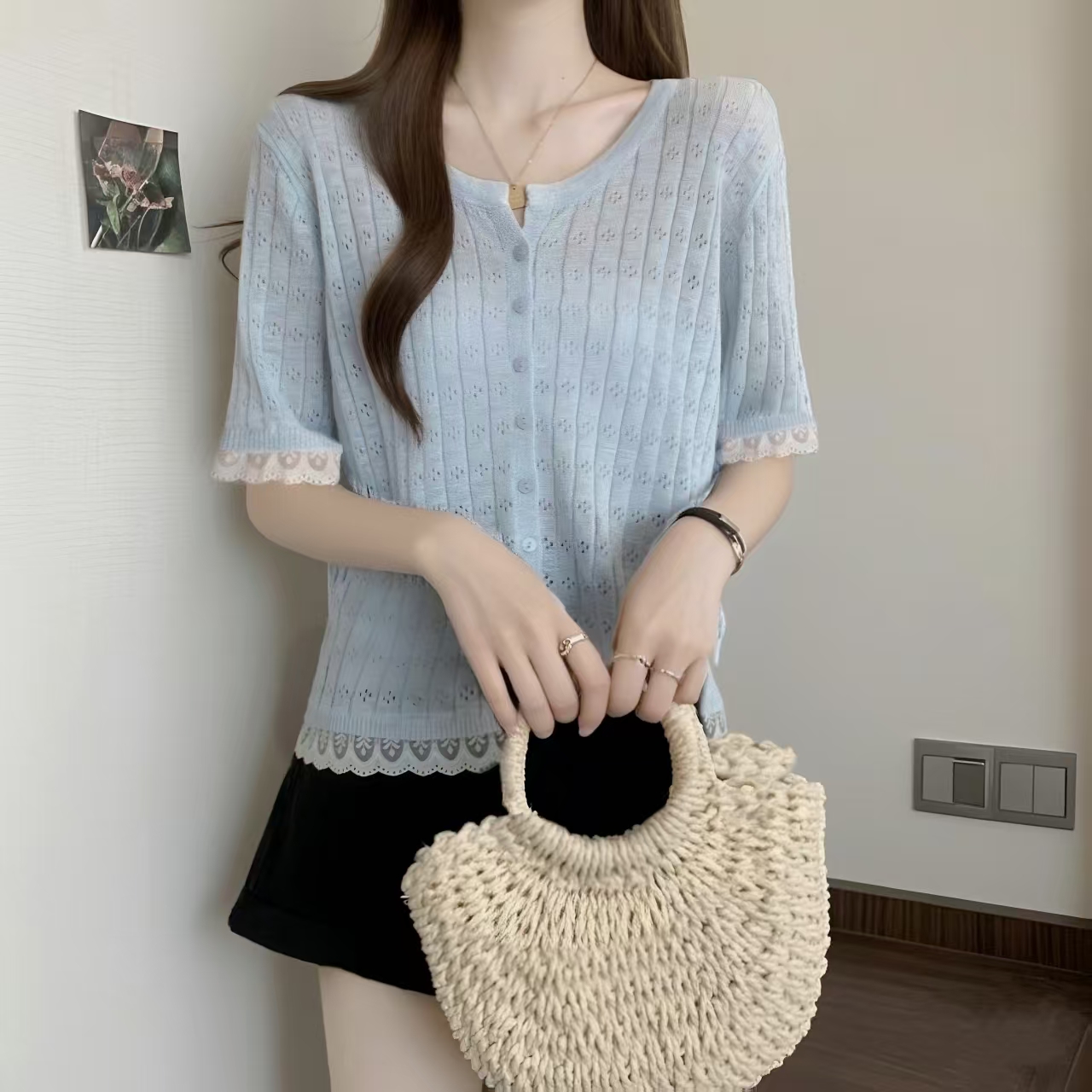 大码女装胖妹妹纯色气质感遮肉防晒长袖夏季新款针织开衫上衣3335