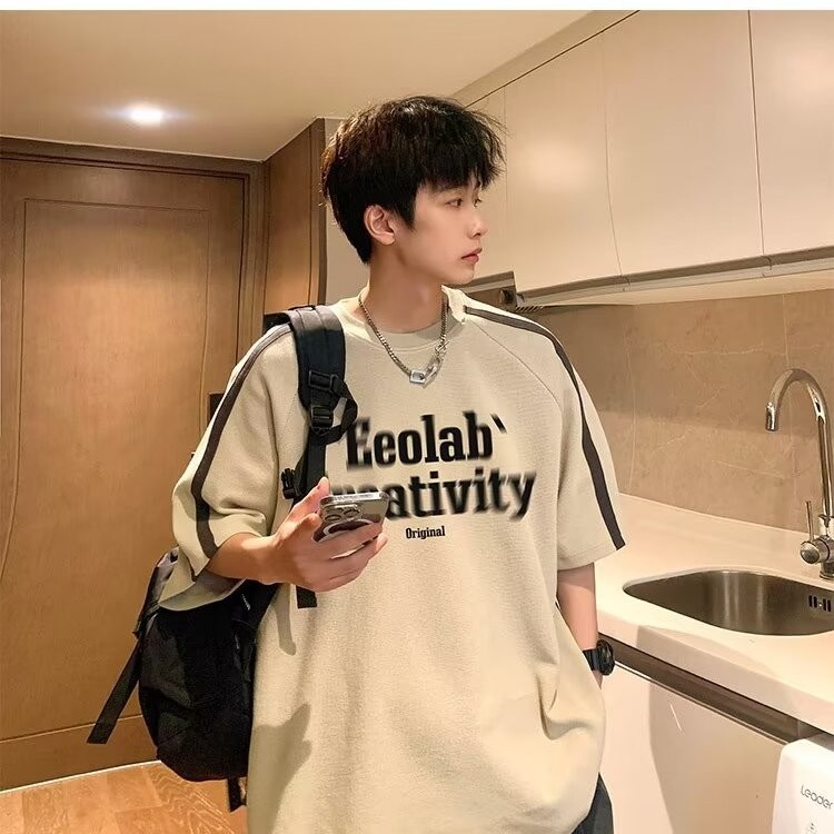 美式重磅t恤短袖男夏季包邮新款潮牌印花插肩袖宽松半袖男生体恤