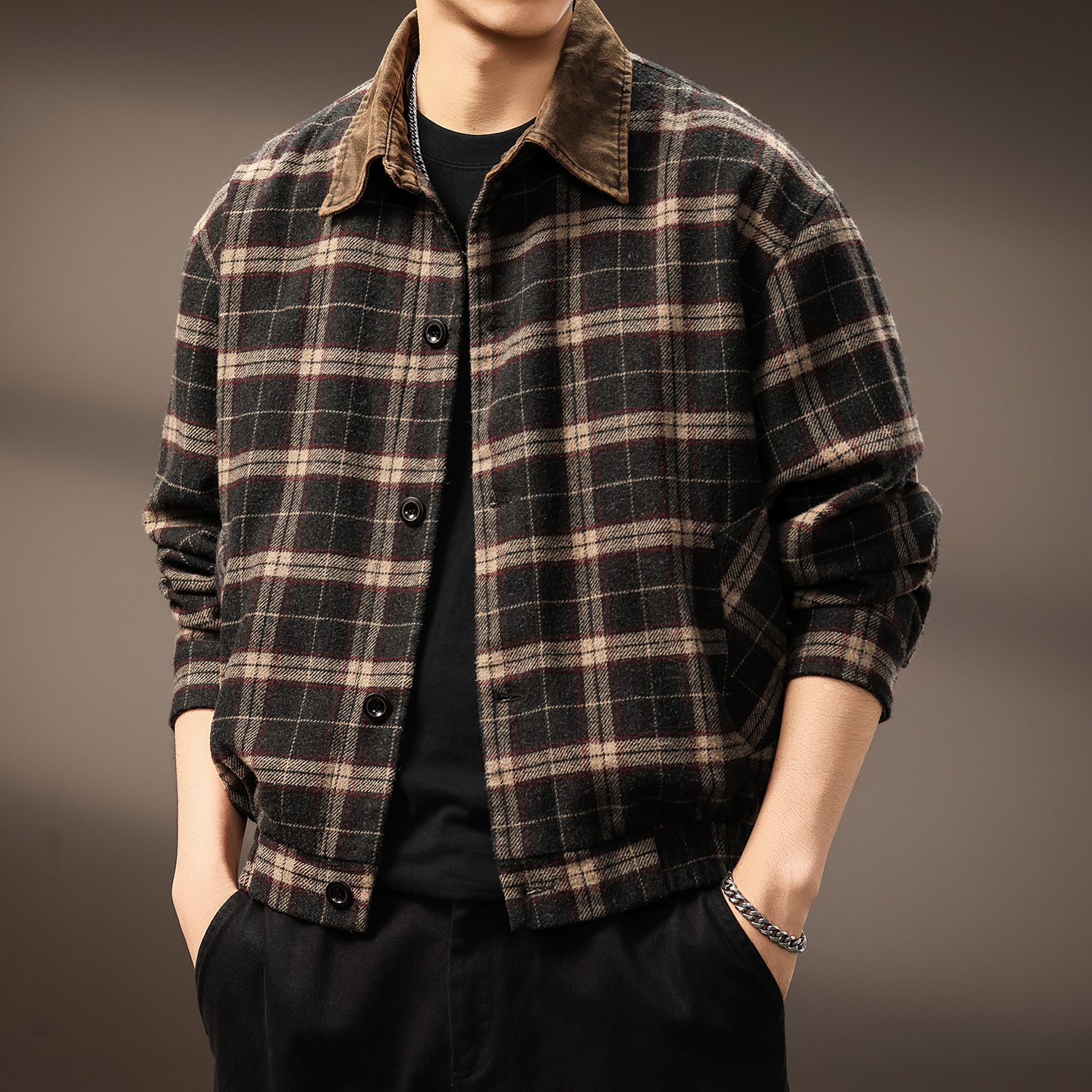 高端美式绒面羊毛混纺色织外套男秋季复古美拉德拼接休闲格子夹克