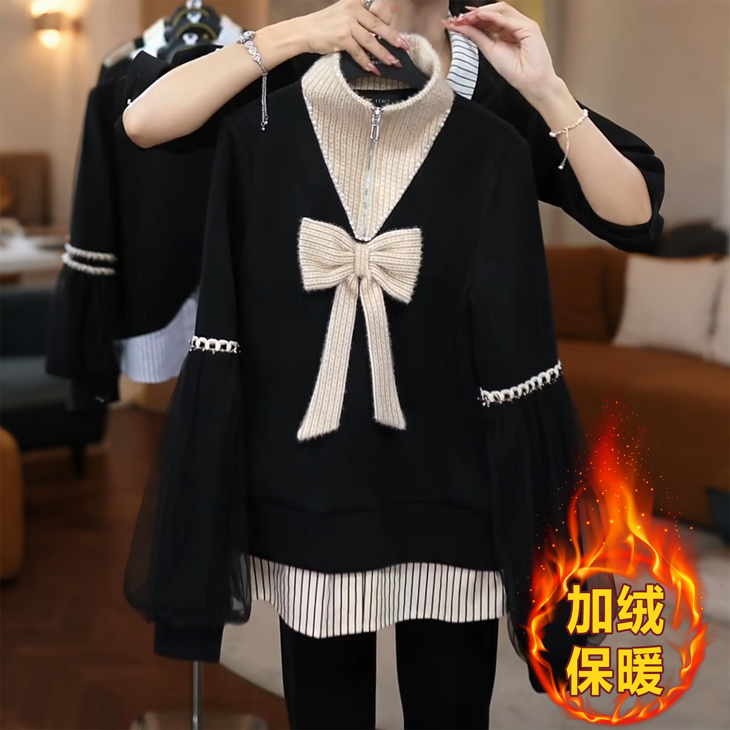 设计感假两件蕾丝拼接蝴蝶结加绒卫衣女2025秋冬新款时尚保暖上衣