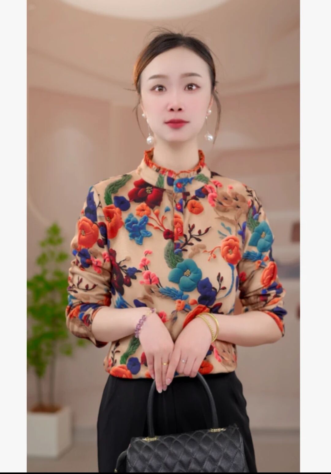 秋季木耳花边领长袖德绒打底衫中年妈妈大码遮肉显瘦气质澳绒T恤