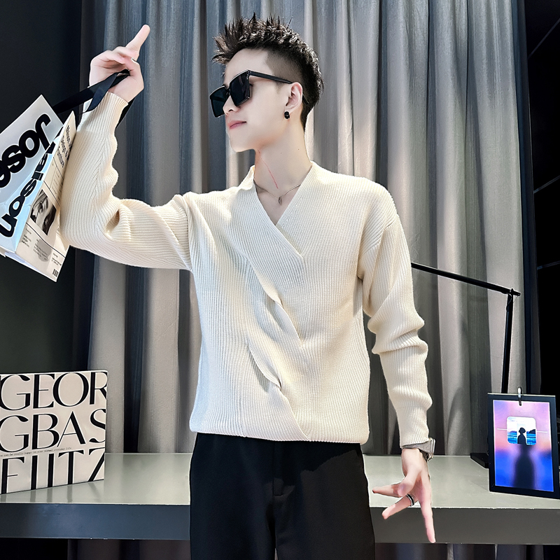 痞帅高级感套头V领秋冬季针织衫毛衣男款潮流内搭时尚男士打底衫