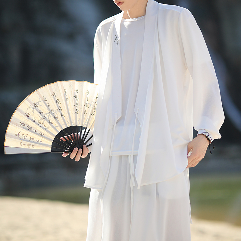 冰丝大码衬衫裤子男士夏季中国风薄款男装两件套唐装汉服道袍套装