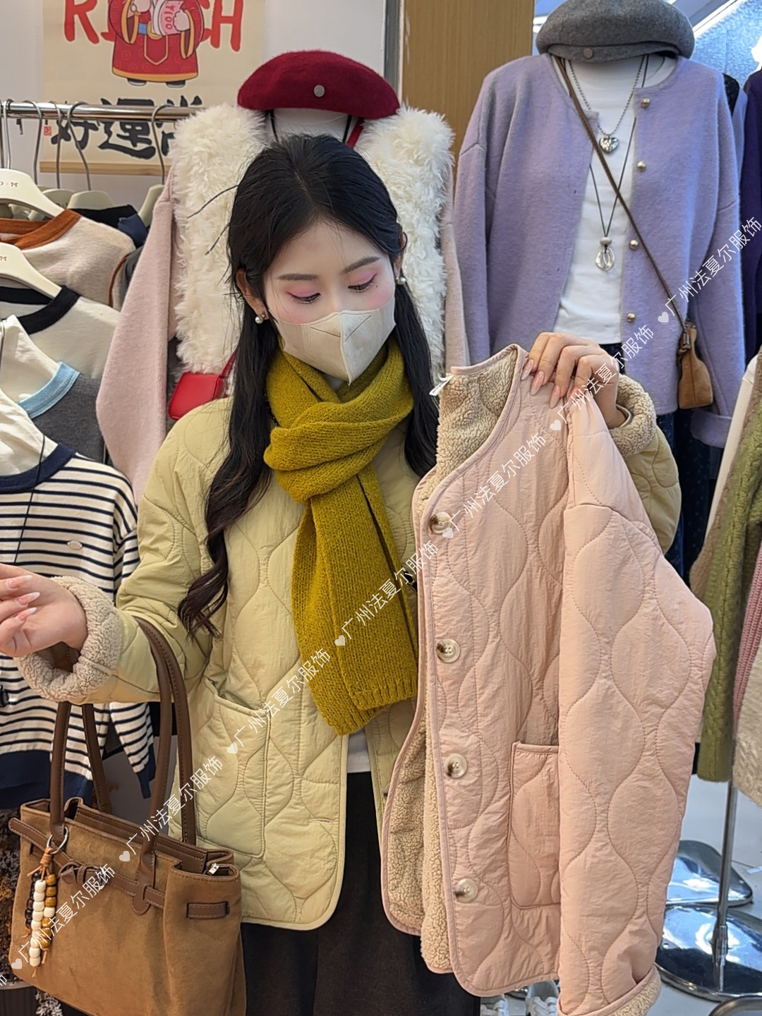 粉色仿羊羔绒棉服女2025秋冬新款宽松加绒加厚外套棉衣菱格棉袄女