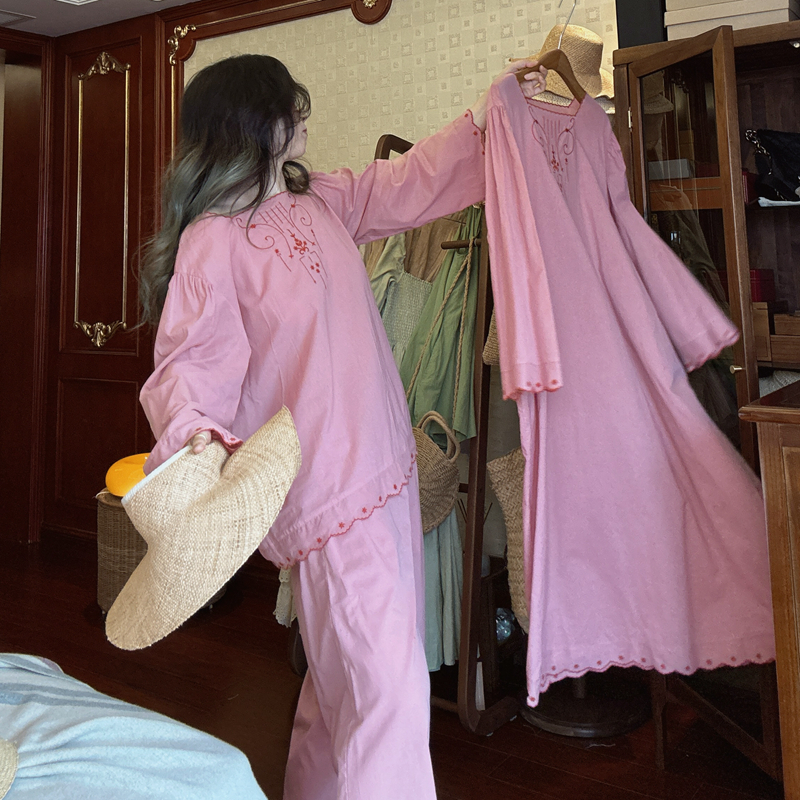 春夏季套头睡衣女士纯棉薄款扎染刺绣套装宽松长袖长裤大码家居服