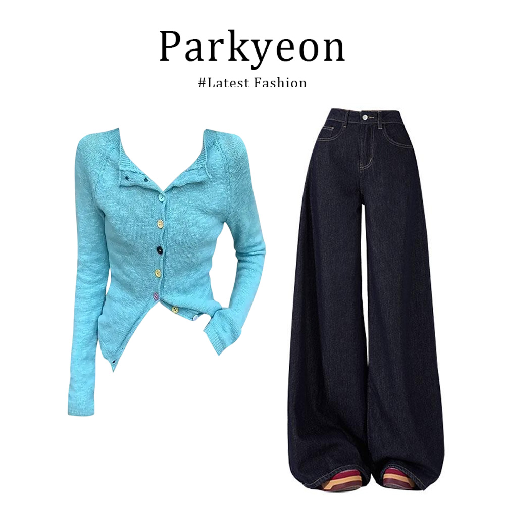 parkyeon清冷系衣服多巴胺蓝色长袖针织衫上衣直筒牛仔裤两件套女