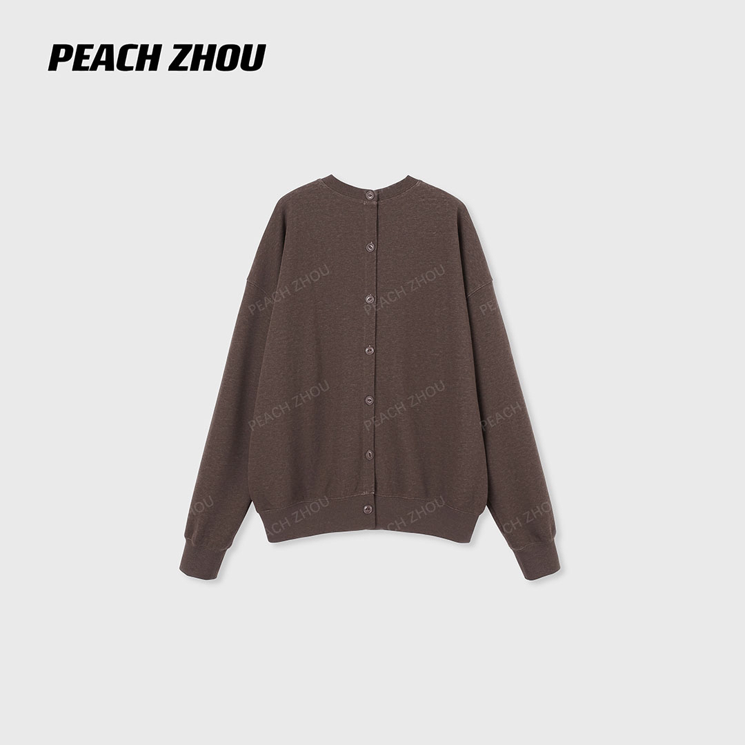 『PEACHZHOU』美拉德咖宽松圆领卫衣休闲纯色系扣针织开衫