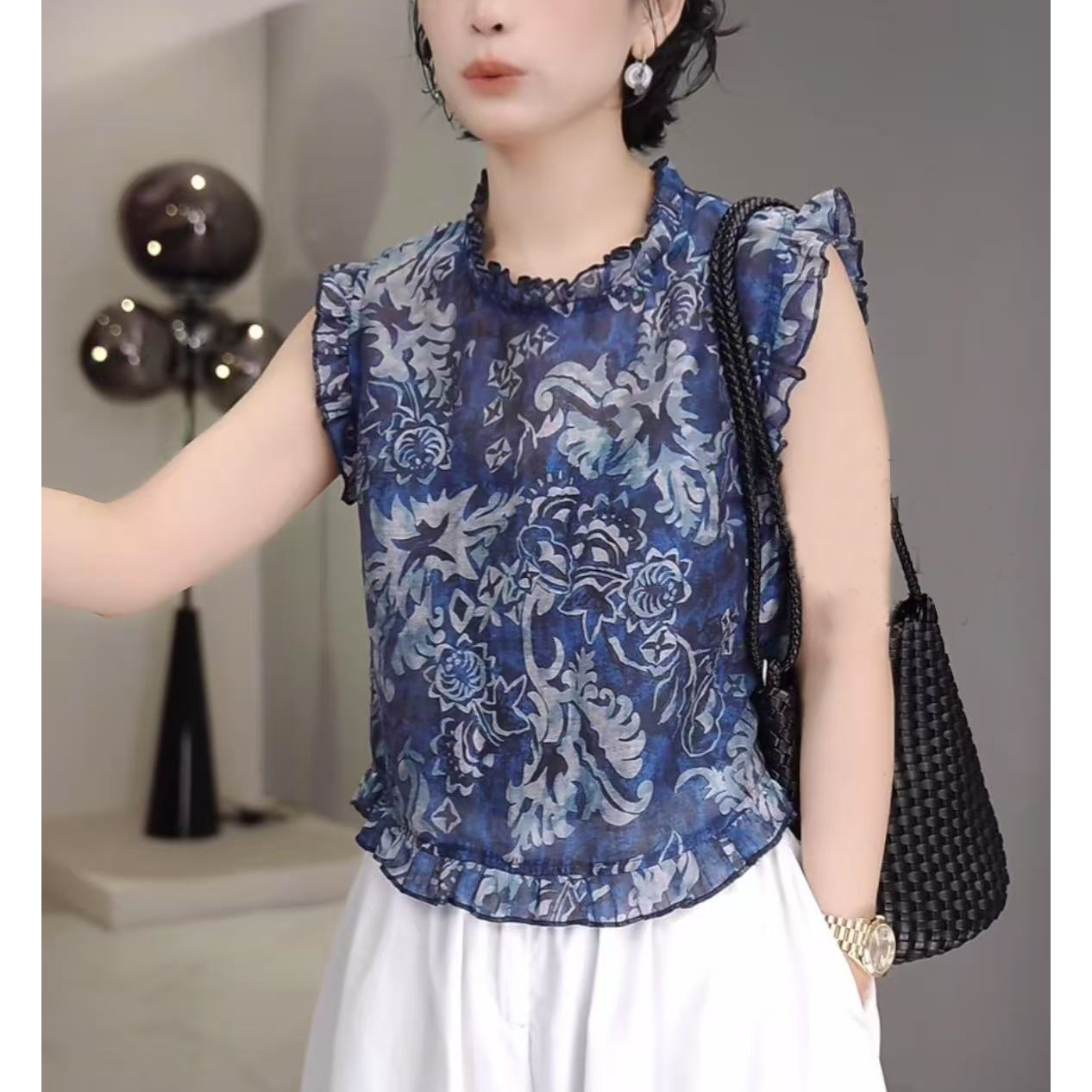 夏季休闲风透气无袖印花衬衫中式花纹木耳时尚显瘦