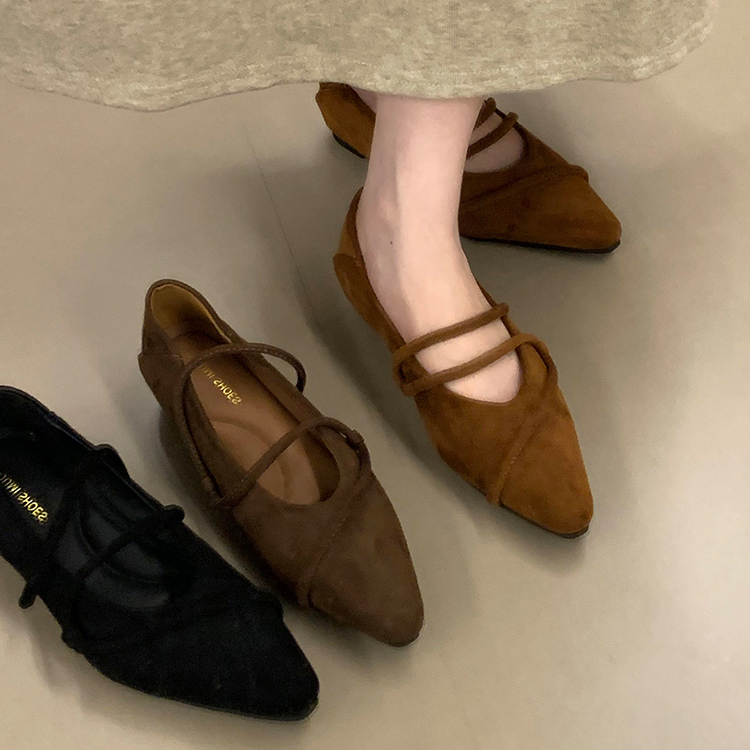 法式复古绒面尖头玛丽珍鞋女2025新款不累脚内增高芭蕾舞浅口单鞋