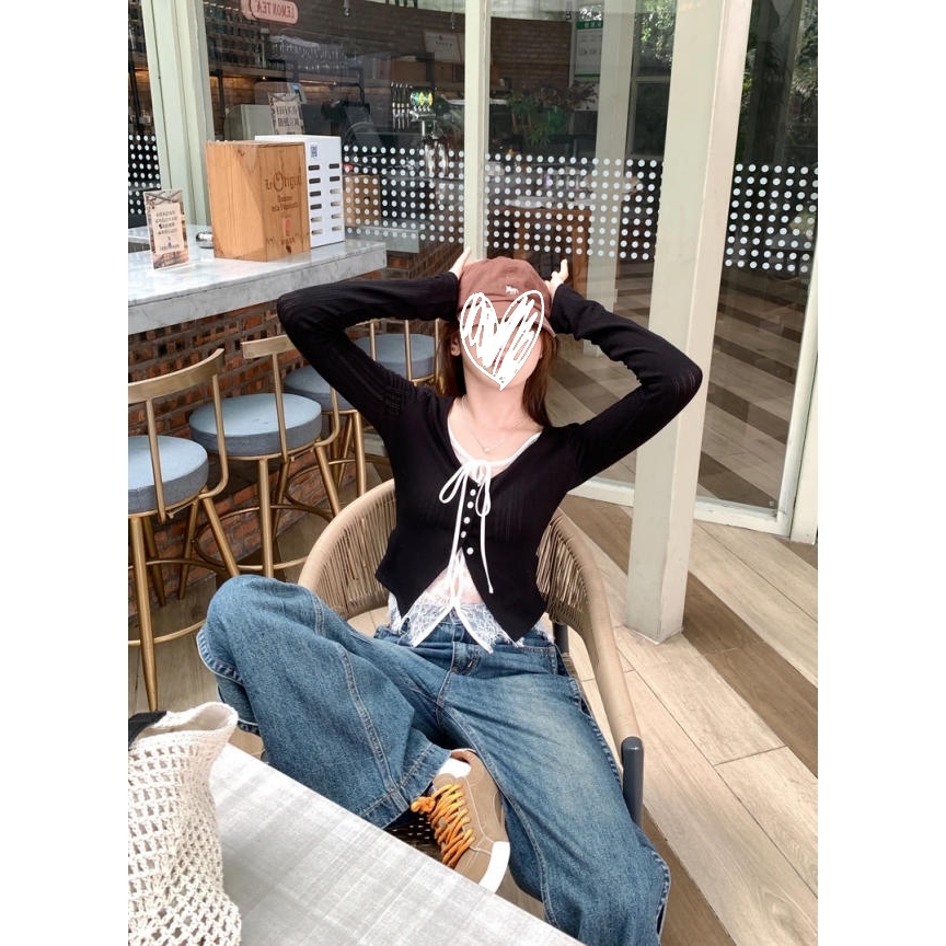 【首尔欧尼】2025年小个子初秋女蕾丝拼接假两件镂空长袖针织衫女