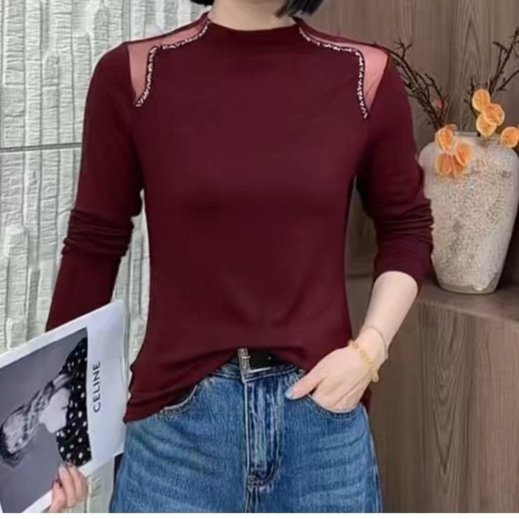 【7023】新品重工烫钻双肩镂空半高领打底上衣女修身百搭长袖
