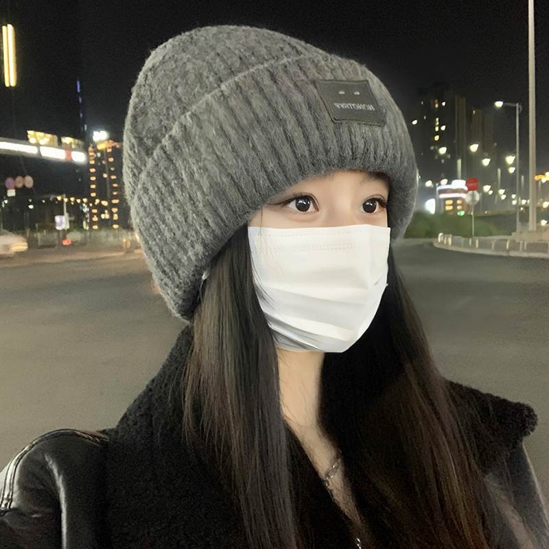 笑脸毛线帽女秋冬季保暖灰色针织帽显脸小百搭护耳冷帽大头围帽子