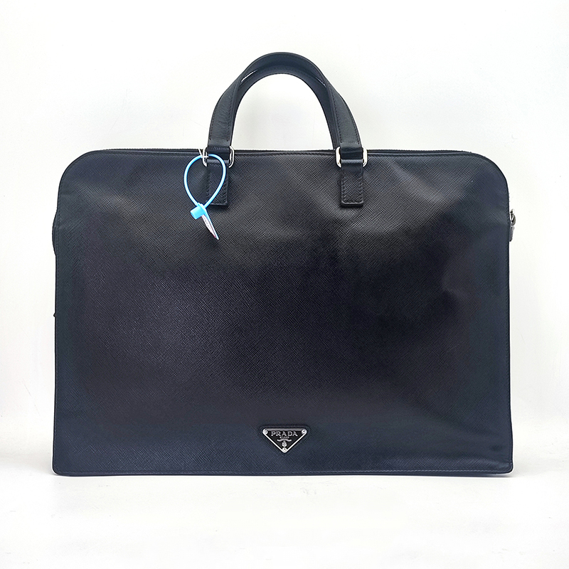95新 Prada/普拉达 男士黑色十字纹手提公文包商务办公日常通勤