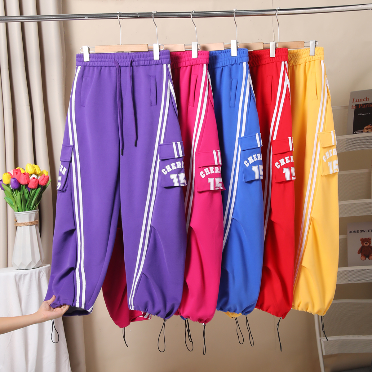 美式条纹拼色口袋工装裤春秋休闲宽松显瘦百搭阔腿裤束脚运动长裤