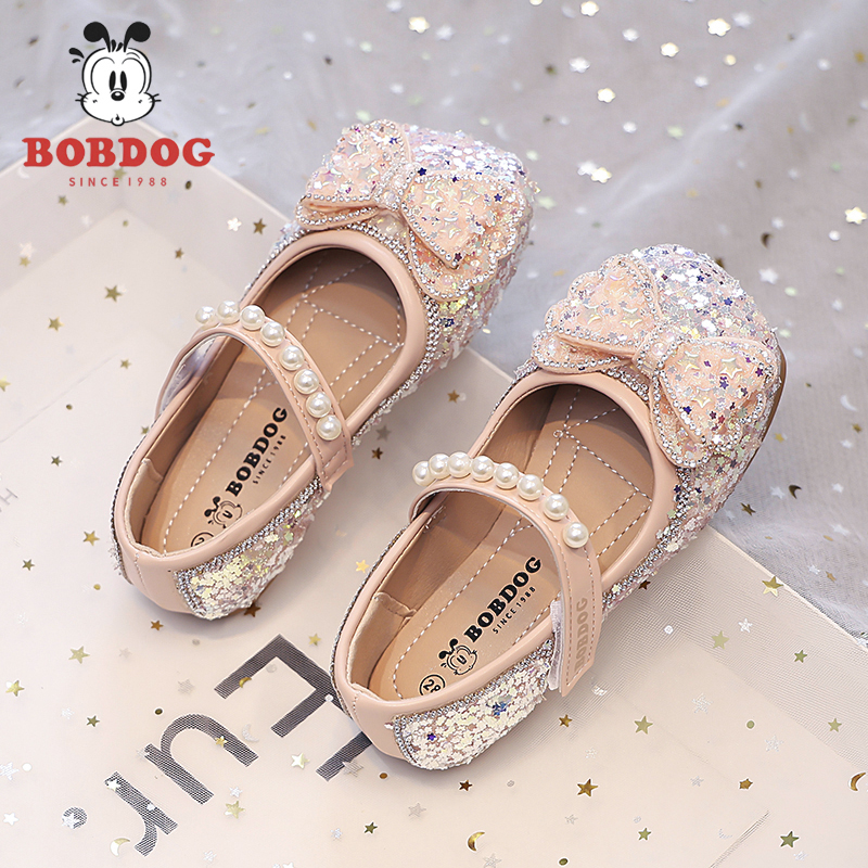 巴布豆女童公主2025春秋新款儿童水晶鞋软底皮鞋宝宝女孩闪亮单鞋