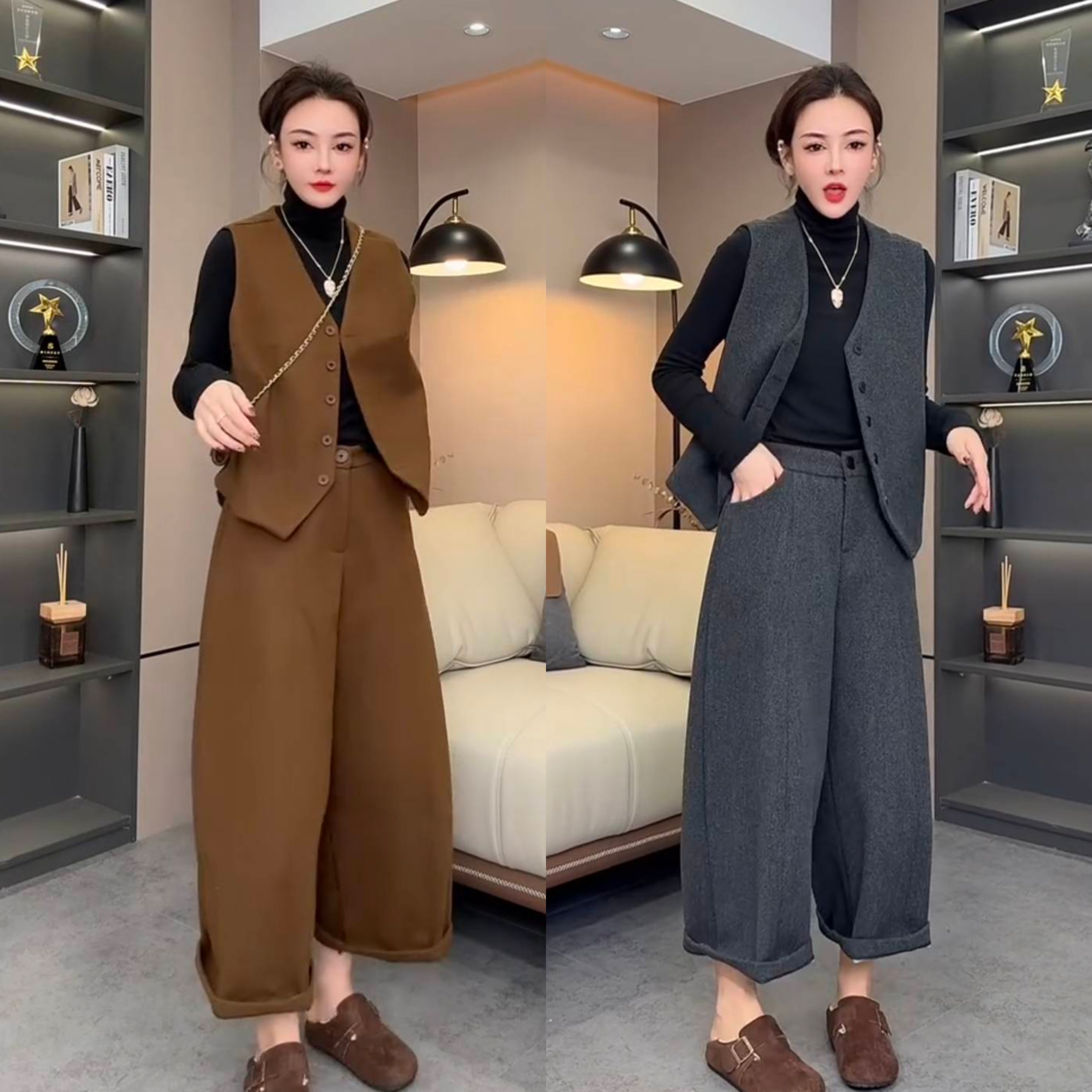 2025新款秋季长袖遮肉套装宽松女洋气气质马甲显瘦阔腿打底三件套