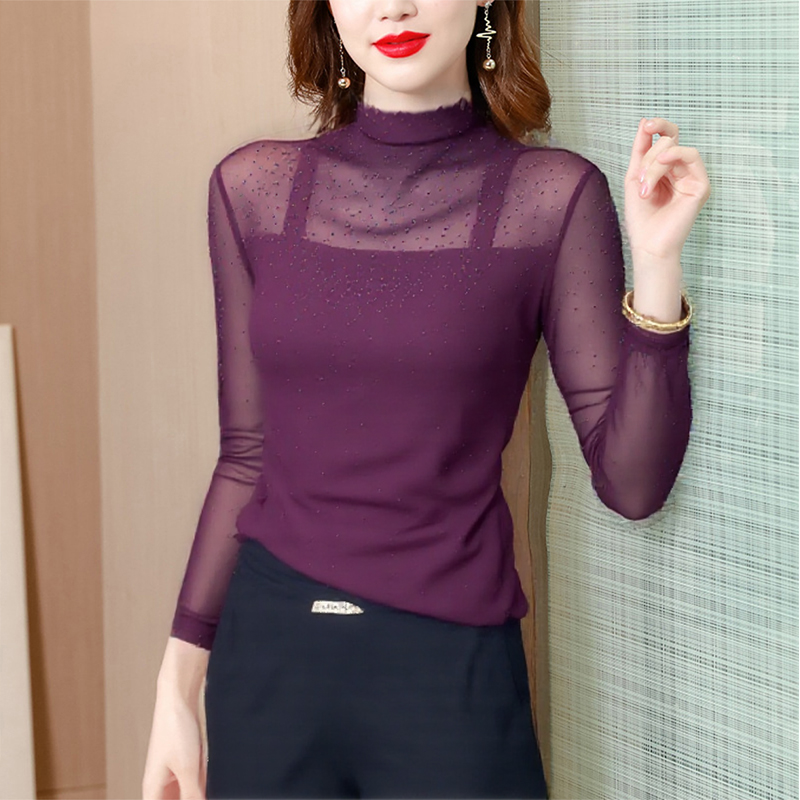 Z时尚半高领遮肚显瘦修身新款秋冬2025网纱烫钻长袖打底衫T恤上衣